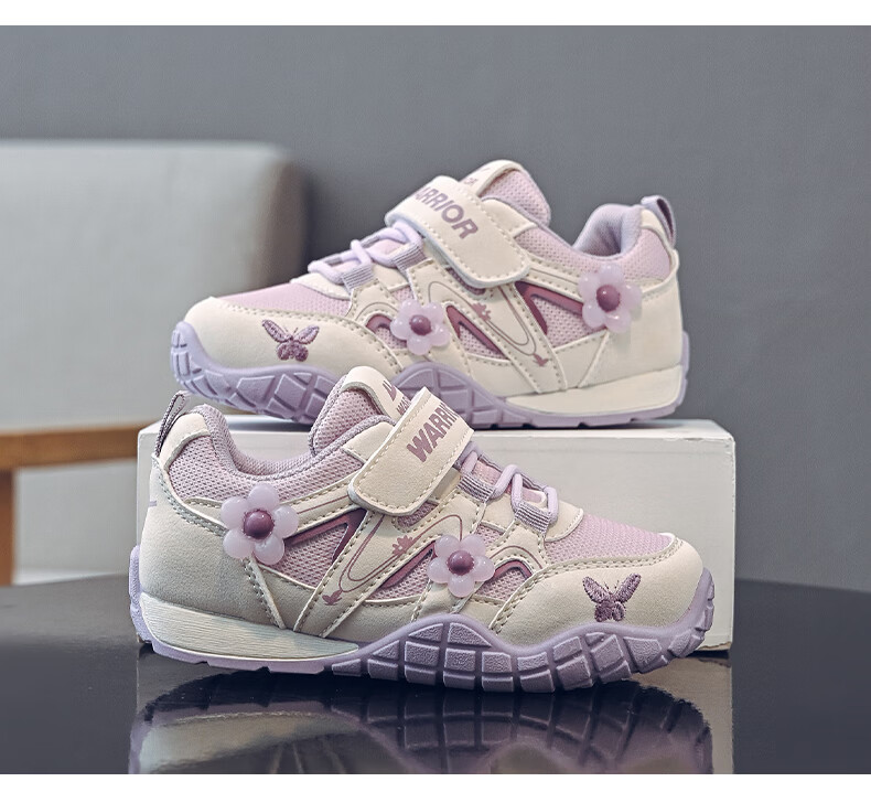 Warrior Kids Shoes 2026 Spring Autumn Children's Sports Shoes Outdoor Running Shoes for Older Children Girls Casual Shoes WZ-2092 Beige Purple Size 34 3