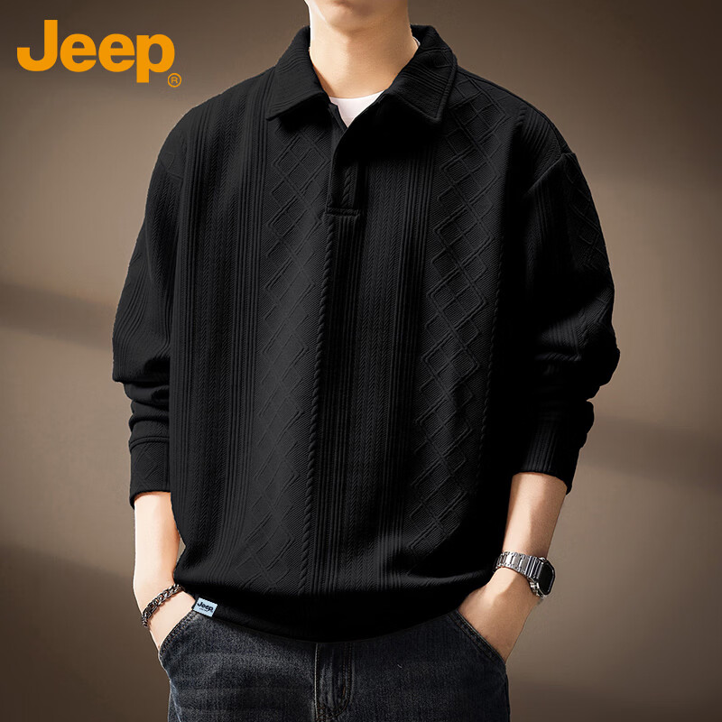 JEEP Men's Spring Autumn Polo Collar Long Sleeve Heavyweight T-Shirt Sweatshirt Black 3XL