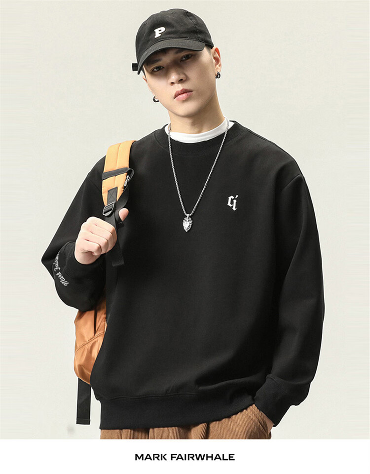 MARK FAIRWHALE Men's Sweatshirt Spring Autumn American Heavyweight Trendy Long Sleeve T-Shirt Casual Top Black XL 11