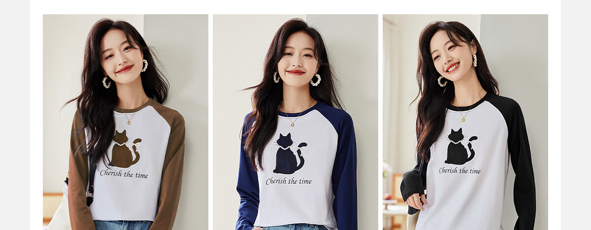 Pincai Women's Long Sleeve T-Shirt Cute Cat Print Colorblock Crew Neck Raglan Sleeve Trendy Top P143T2027 6