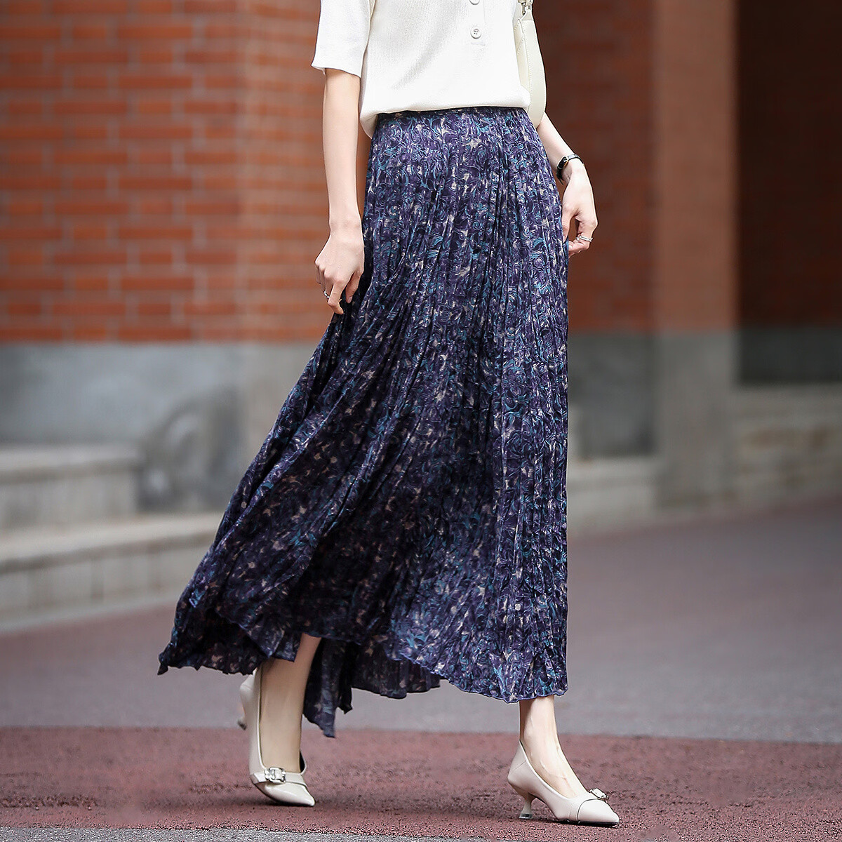 Demana "Crushed Ice Galaxy" Spring Socialite Private Elastic Waist Watermark Printed Pleated A-Line Women's Pleated Skirt