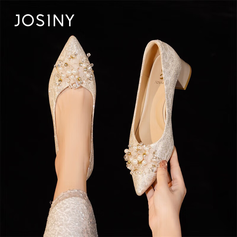 Josiny Pointed Toe High Heel Women's Chunky Heel 2026 Spring New Bride Xiuhua Wedding Shoes French Style Pumps Champagne Gold 35