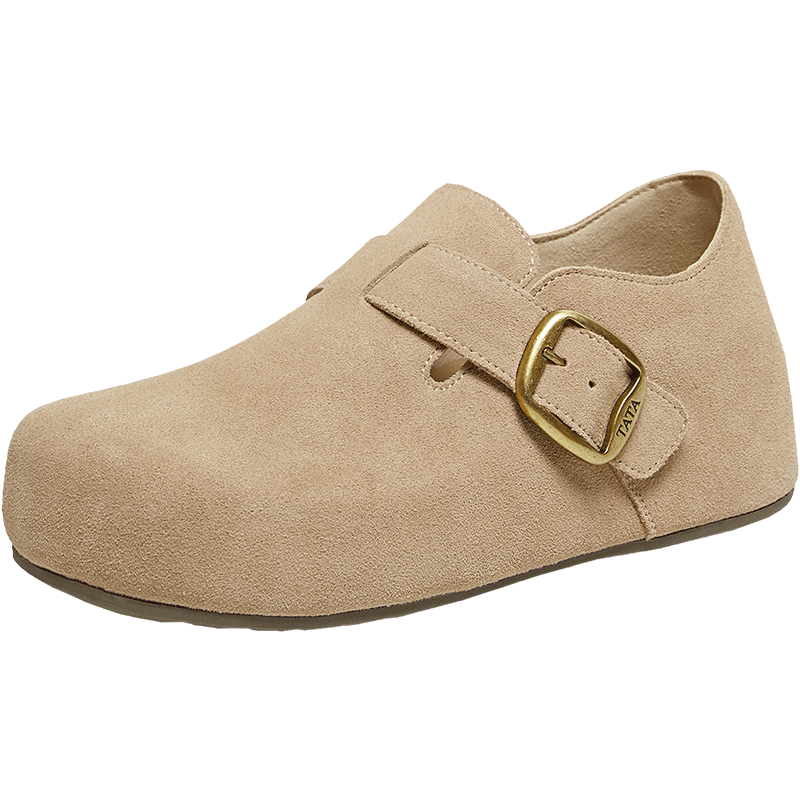 TATA Chestnut Boken Women's Spring Fashion Versatile Deep Mouth Shoes with Height Increase Apricot Color Size 39