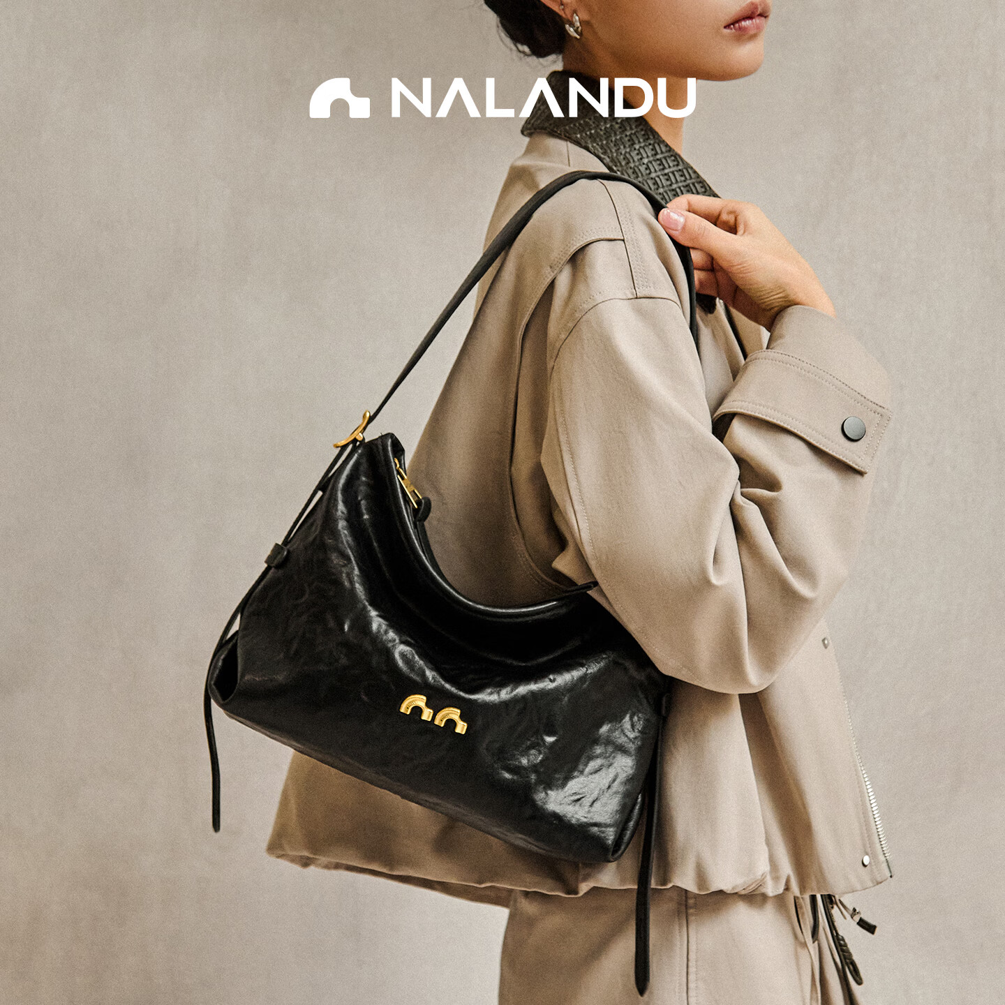 Nalandu [Dong Xuan Same Style] Black Stone Hobo Bag New Cowhide Underarm Shoulder Bag Birthday 38 Goddess Festival Gift