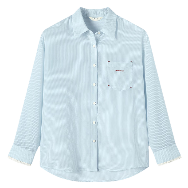 TonLion 2026 Spring Women's Striped Long Sleeve Shirt Light Blue XL