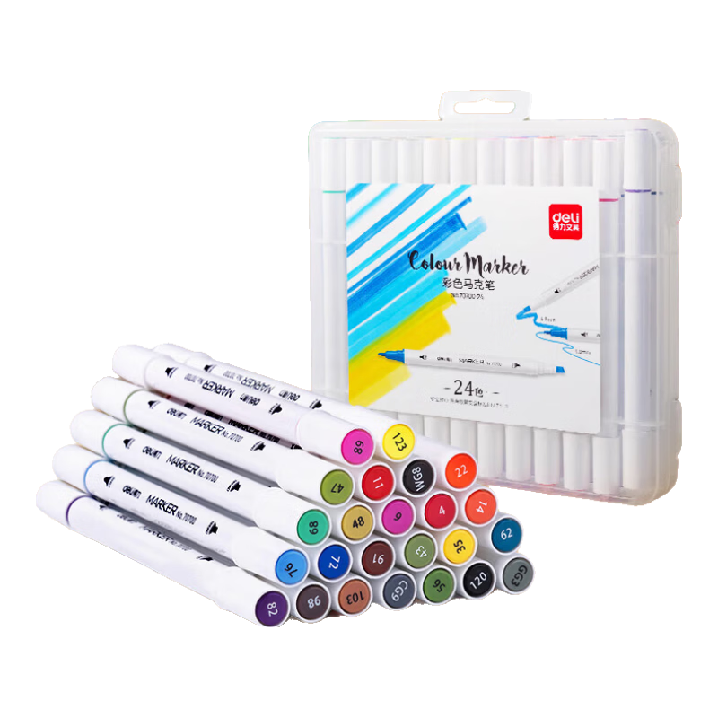 Deli [Back to School Stationery] 24-Color Double-Tip Fine Alcohol-Solvent Quick-Drying Marker Set, Student Tree Watercolor Pens, Highlighters, Fluorescent Markers, DIY Watercolor Pens for Art Educatio