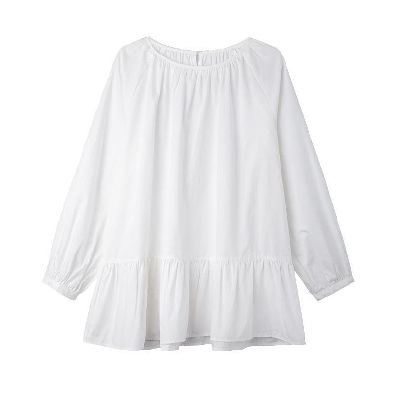 Demana [Pure Cotton Poplin] Spring Elegant Round Neck Mid-Length Doll Shirt Loose Small Size Blouse for Women