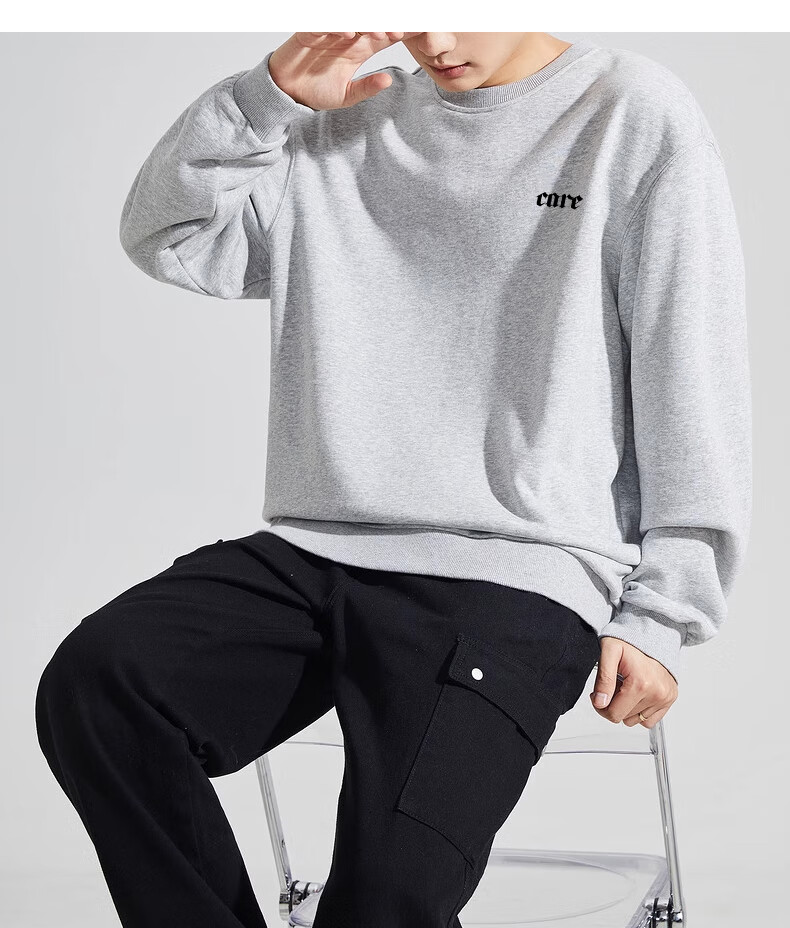 Huili Men's Sweatshirt, 320g Heavy Cotton, Autumn Long-Sleeve T-Shirt, Trendy Inner Layer, Loose-Fitting Men's Top, Black, Size L 16