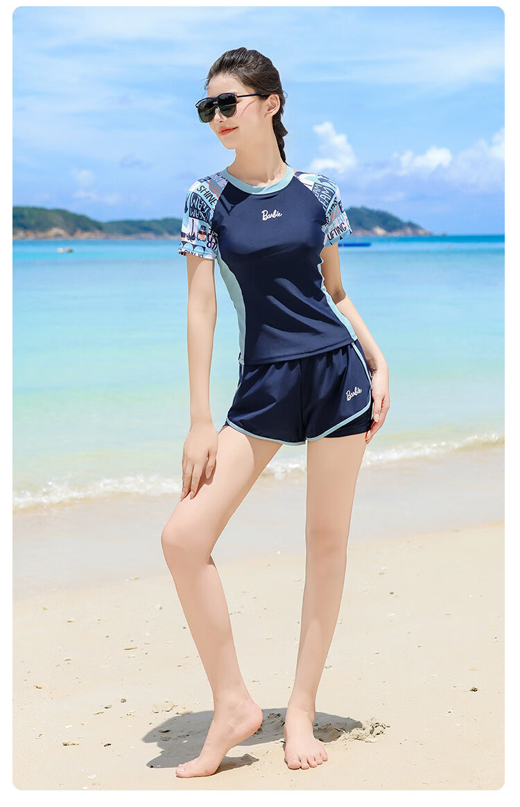 Babib Separate Conservative Short Sleeve Boxer Shorts Sports Two-Piece Swimsuit for Women Slimming Beach Vacation Swimwear 12