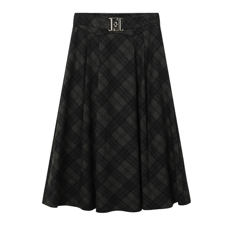 Bailuyu Elegant Vintage Plaid High-Waist Long A-Line Skirt Black Gray L Autumn Winter New