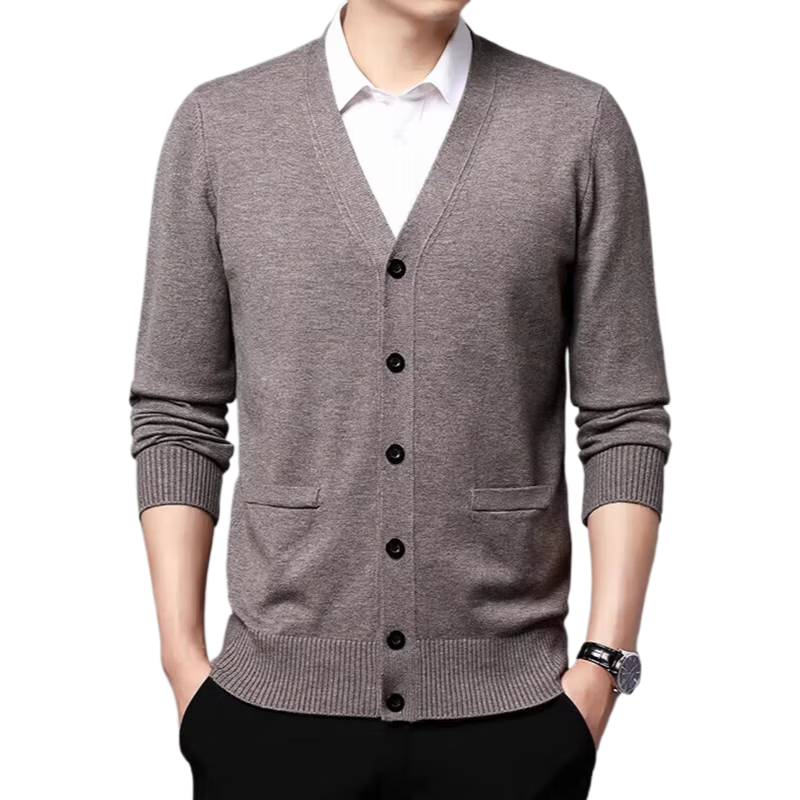 Hengyuanxiang Men's Knitted Cardigan Jacket Middle-aged and Elderly Autumn Winter Plus Size Thick Long Sleeve Sweater Light Gray L