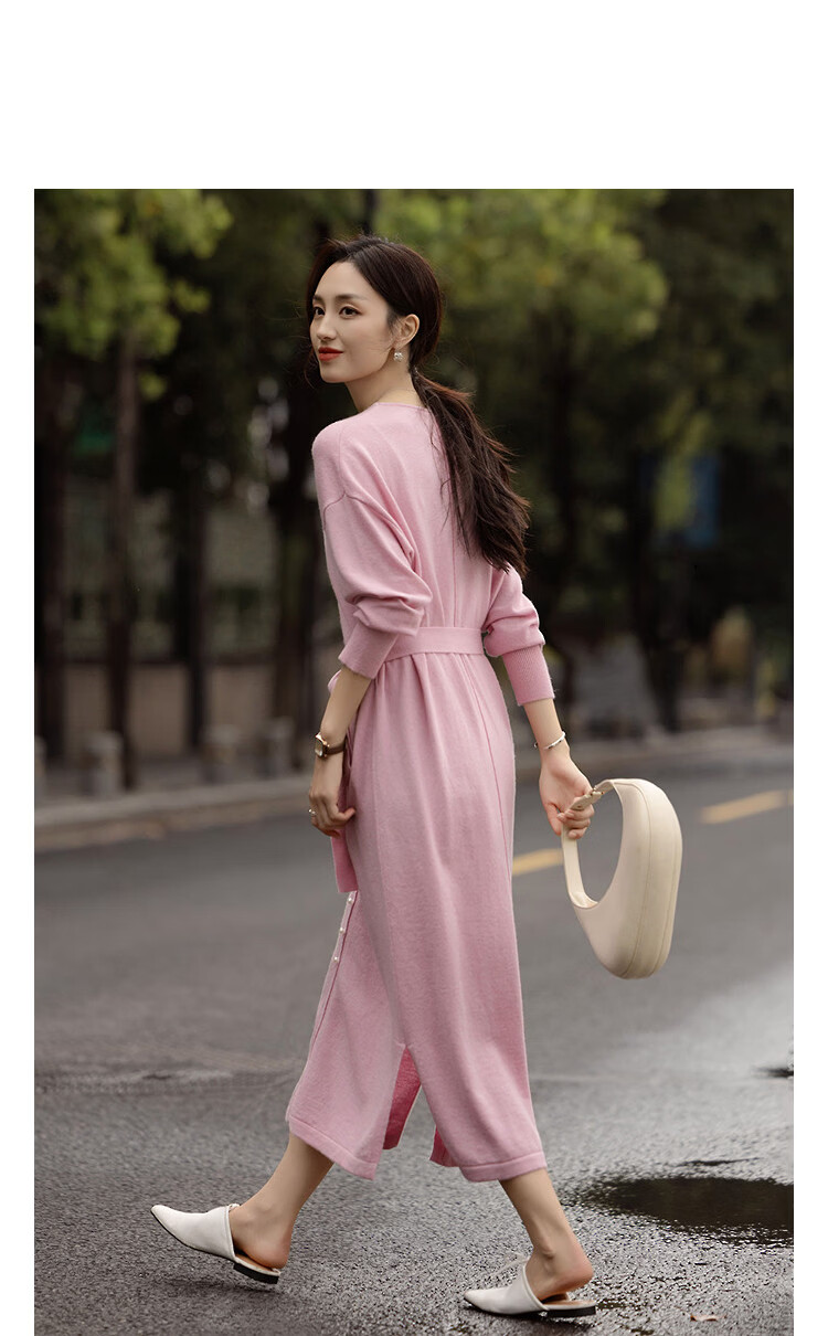 Demana Women's Spring Soft V-Neck Pearl Button Drop Shoulder Adjustable Waist Dress with Wool 10