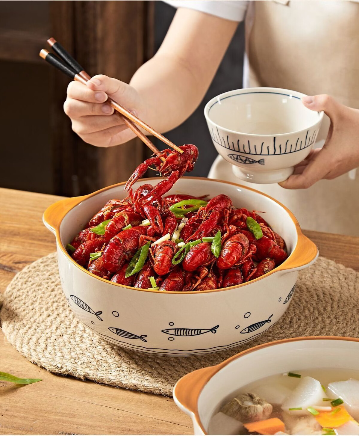Chuanqi 7-Inch Double-Handle Lidded Ceramic Soup Bowl Large Capacity Household Soup Bowl Morning Glory Design 12