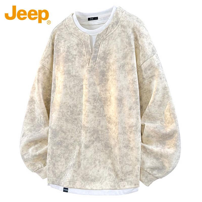 JEEP Men's Khaki 5XL Spring Autumn Casual Loose Fit Long Sleeve Two-in-One Sweatshirt