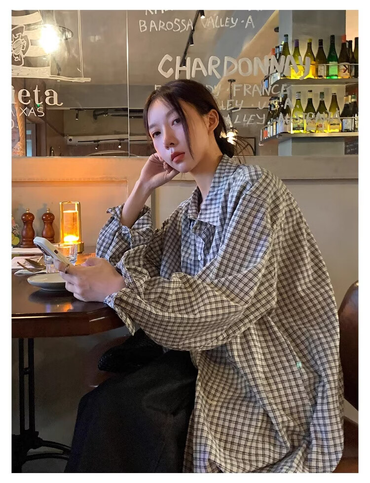 ICH MODE "Plaid Collector" Korean Retro Casual Black and White Plaid Long Sleeve Shirt Spring Autumn Shirt Silver Gray L 11