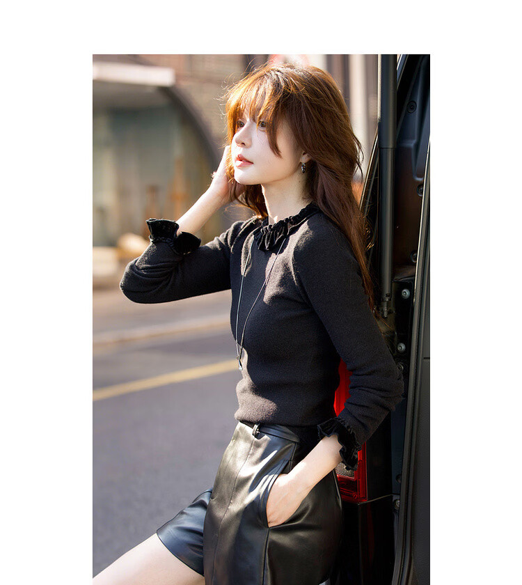 Demana Romantic Silhouette Winter Elegant Color-Block 3D Decorative Crew Neck Slim Fit Soft Stretch Knit Sweater for Women 13