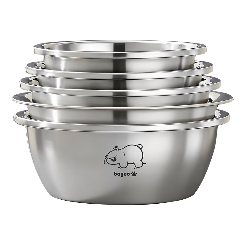 Bayco Stainless Steel Bowl Set of Five, Thickened Household Mixing Bowl for Eggs, Dough, Rice Washing, Vegetable Cleaning, Draining Basket Bowl BX27752