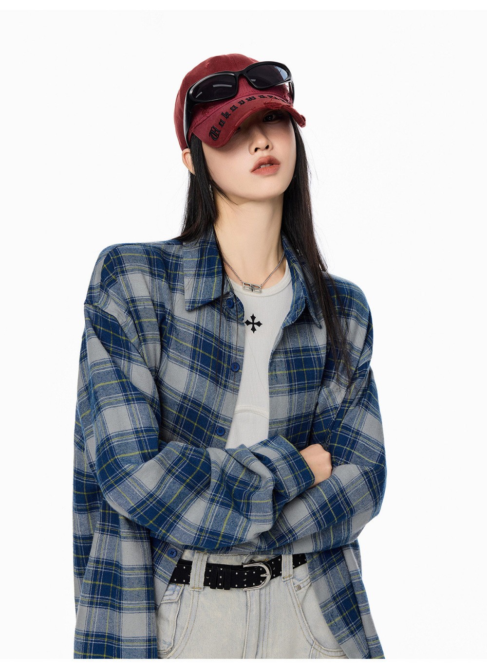 ICH MODE Women's American Style Blue Plaid Shirt Spring New Loose Casual Long Sleeve Shirt Jacket Top Blue L 16