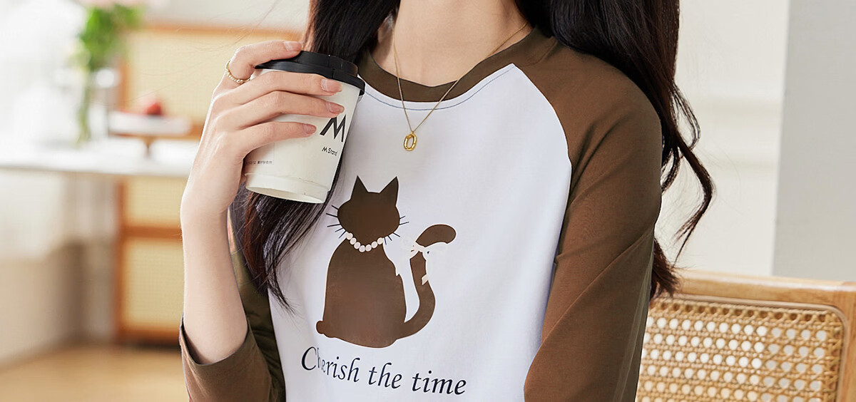 Pincai Women's Long Sleeve T-Shirt Cute Cat Print Colorblock Crew Neck Raglan Sleeve Trendy Top P143T2027 28