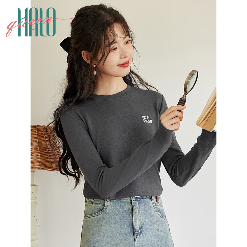 Halo Queen Women's Long Sleeve T-Shirt Spring and Autumn Round Neck Letter Print Loose Comfortable Versatile Top New H143T2035