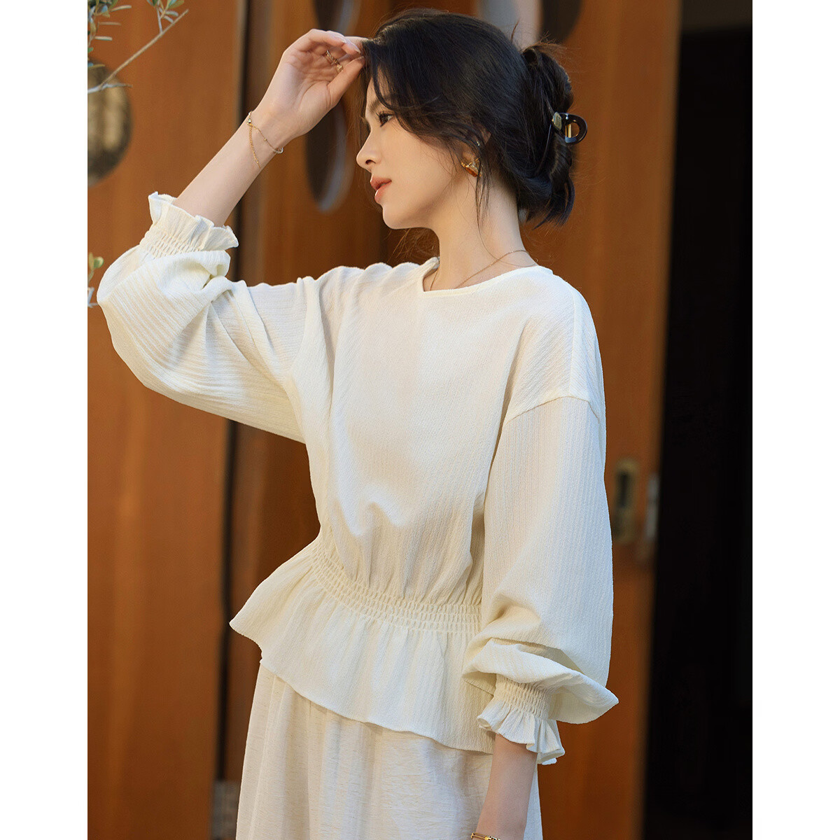 Demana Gentle Narrative Spring French Style Ruffle Hem Elastic Waist Shirt Round Neck Petite Blouse Women's Top