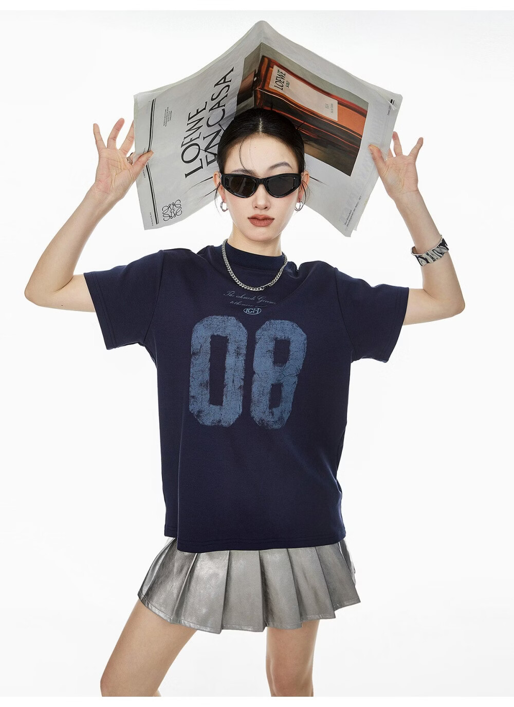 ICH MODE Women's American Slim Fit Shoulder T-Shirt 2026 Summer New Printed Short Sleeve Sports Top White L 32