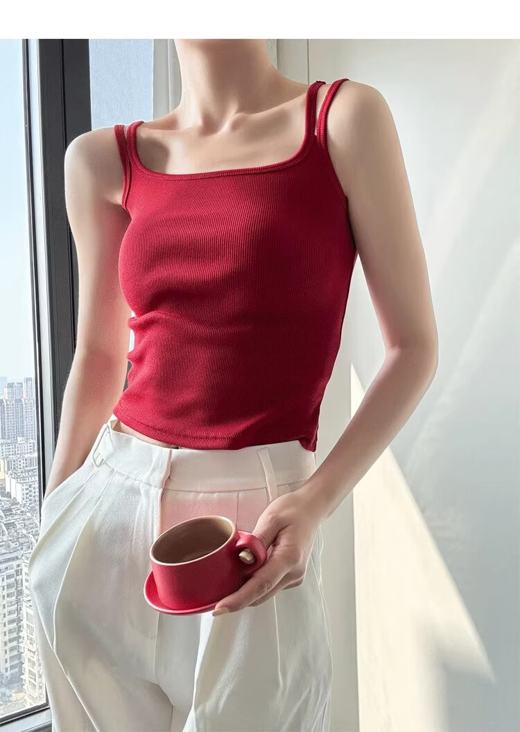 La Chapelle Red Spaghetti Strap Tank Top for Women Summer Outerwear with Built-in Padded Bra, Beautiful Back Inner Wear, Wine Red XL 12