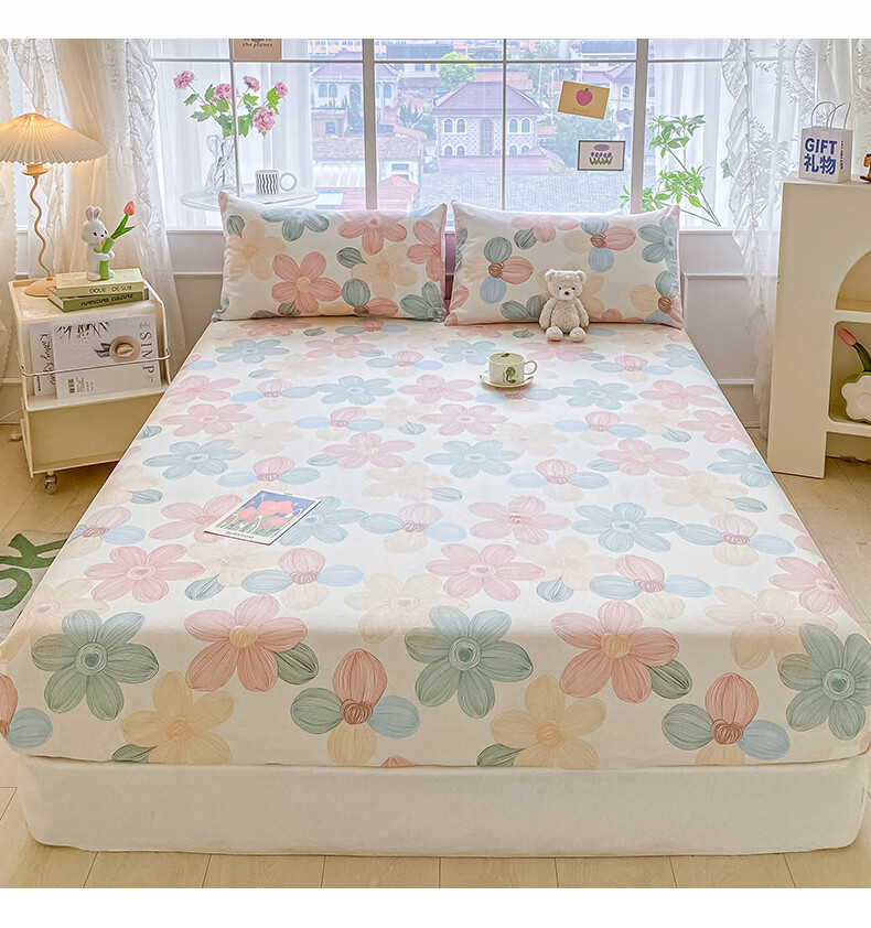 Hongdou 100% Cotton Full Coverage Fitted Sheet Mattress Protector Pure Cotton Bed Cover 1.8*2.0m Detailed Pattern 16