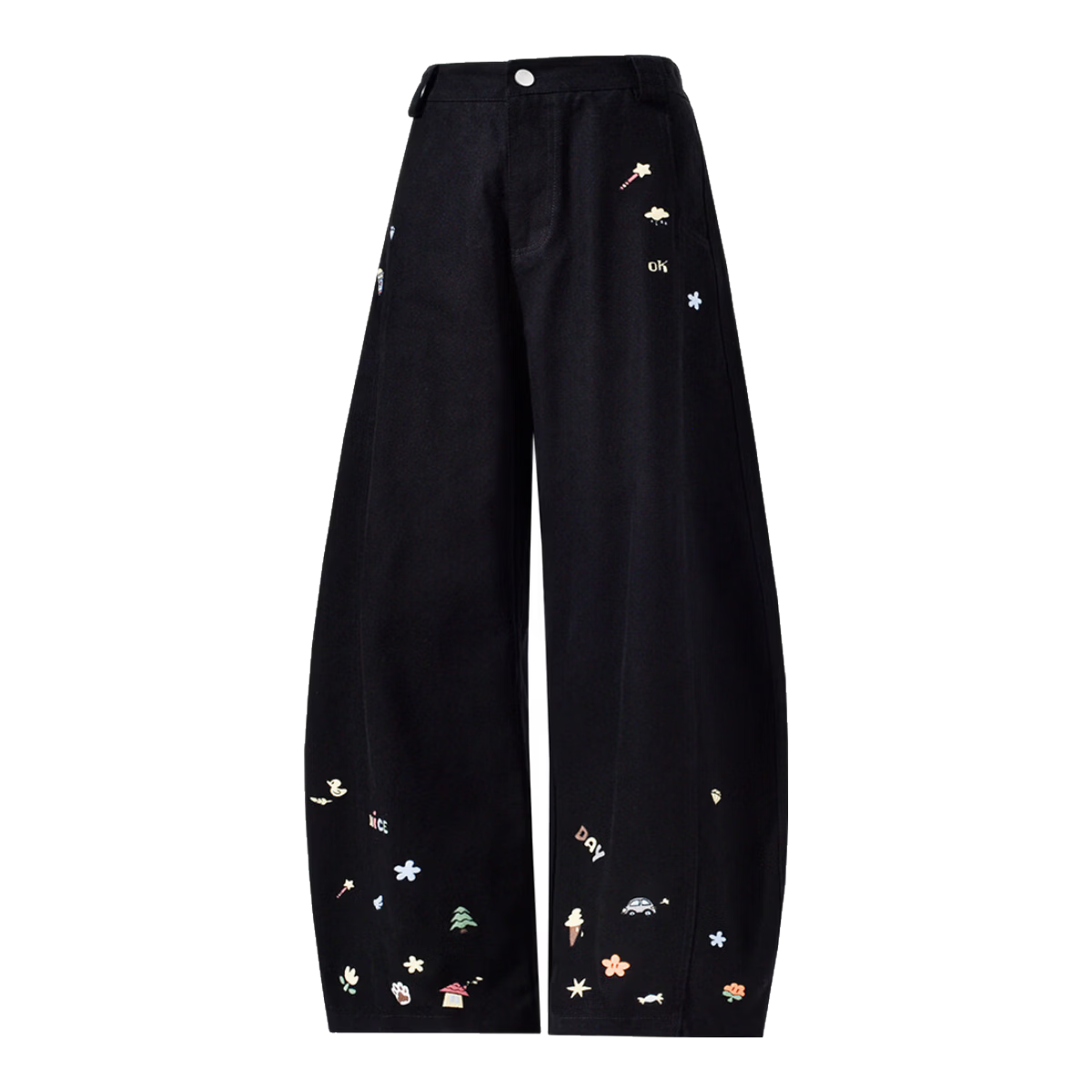BEETLE TOWN Cartoon Embroidered Casual Pants for Women Spring Autumn 2025 New Loose Wide-Leg Curved Blade Pants Black M