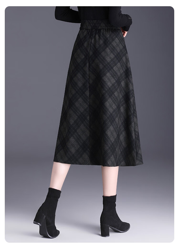 Bailuyu Elegant Vintage Plaid High-Waist Long A-Line Skirt Black Gray Check S 11