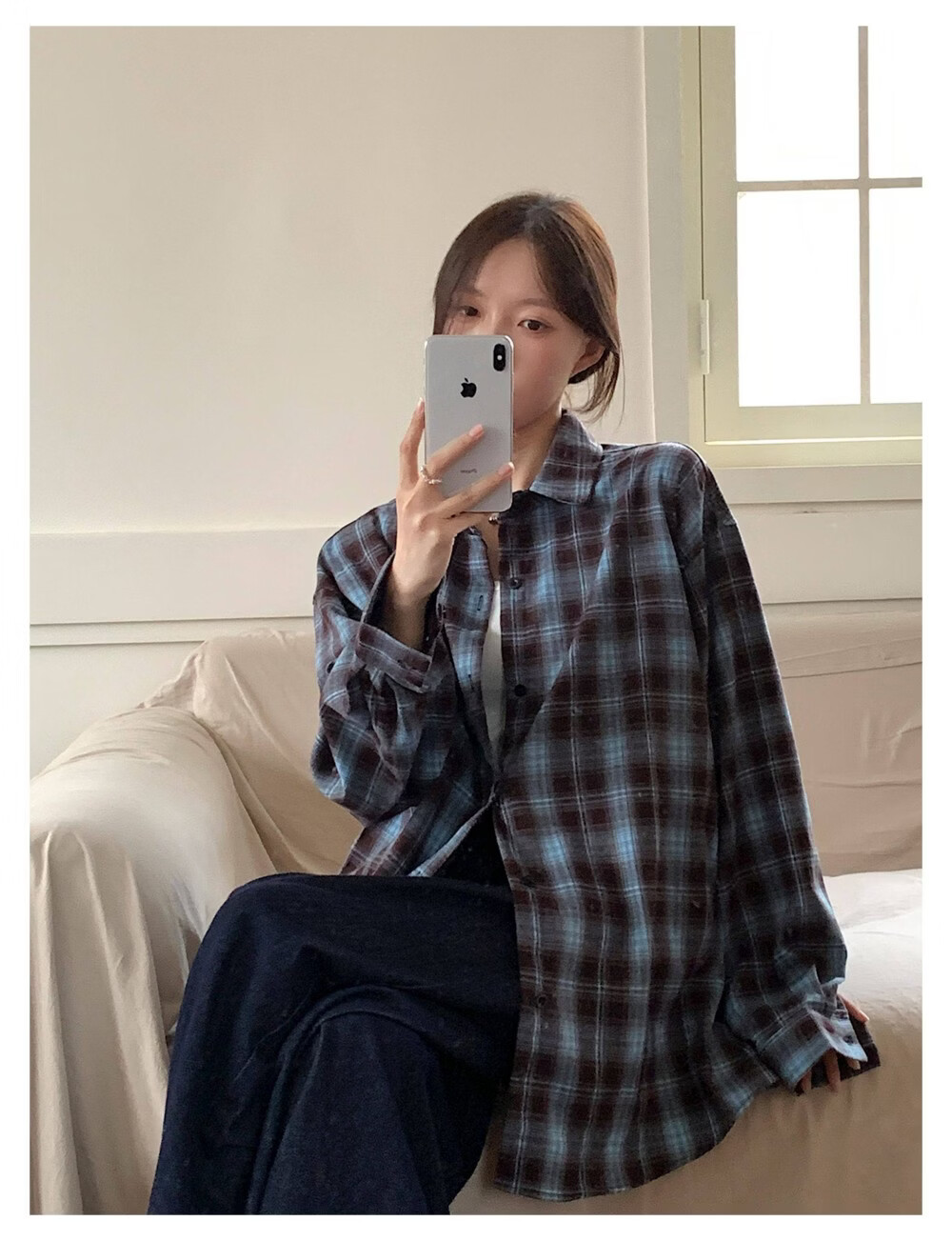 ICH MODE "Jeju Island Breeze" Brushed Plaid Shirt Jacket Women Vintage Check Long Sleeve Korean Style Shirt Blue L 6