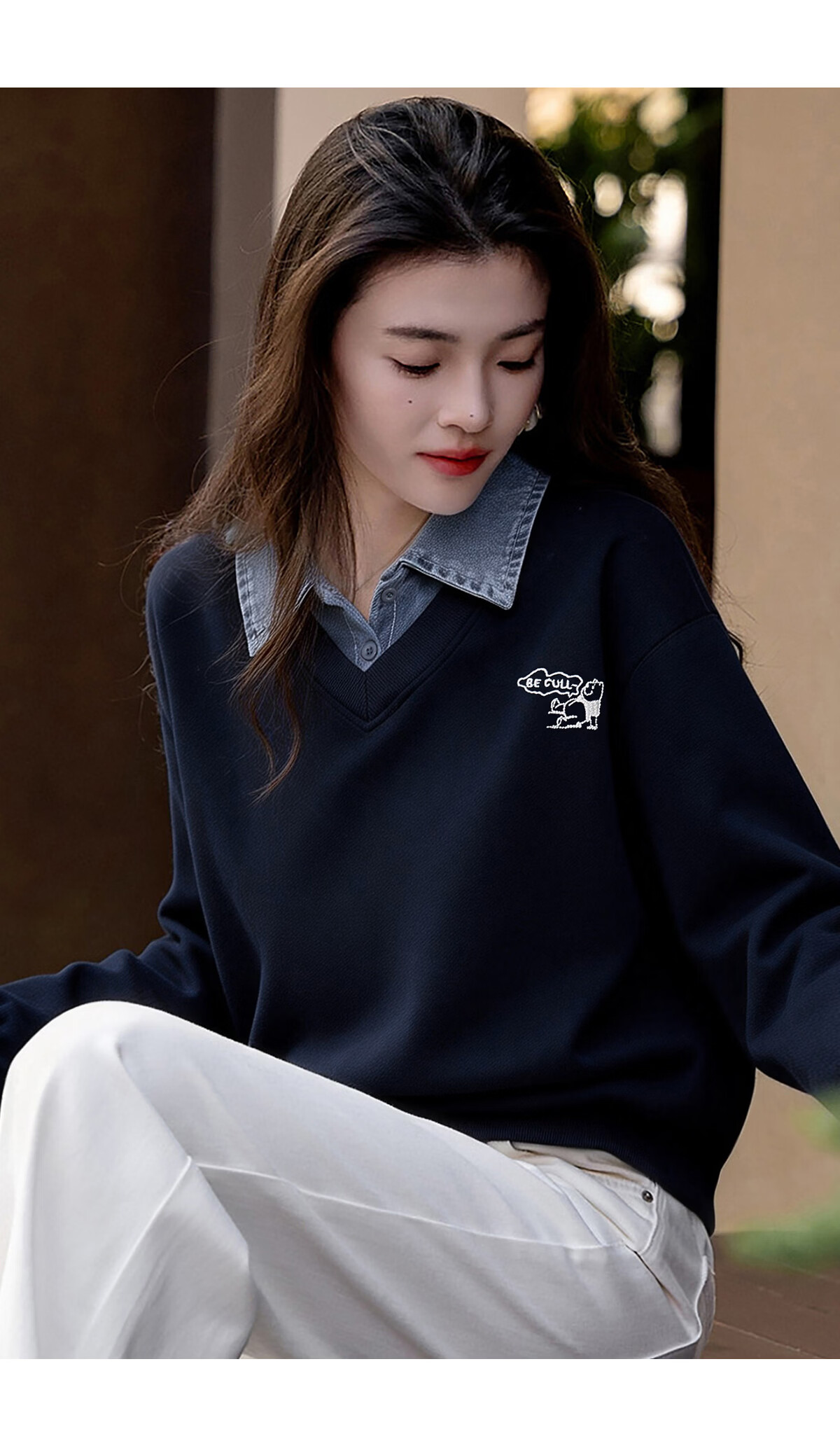 Chushen Spring Autumn Women's Sweatshirt, Fake Two-Piece Splicing, Versatile Loose Fit Long Sleeve Top S61W100 17