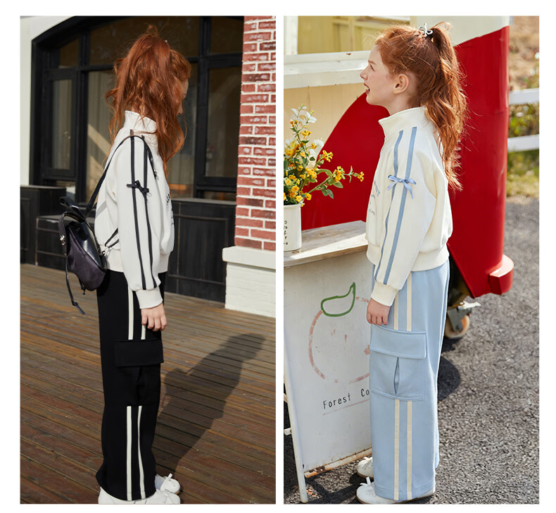 Follow Me Girls' Spring New Sweet Stylish Polo Collar Top and Casual Wide-Leg Pants Two-Piece Set Beige/Black 130 8