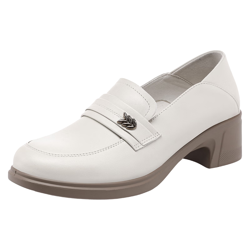 Red Dragonfly Women's Loafers Breathable Chunky Heel Leather Shoes Commuter Office Soft Sole Durable Single Shoes WTB161062 Off-White Size 36