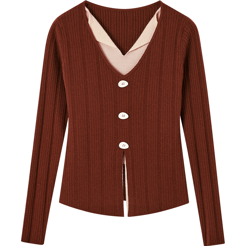 Demana Warm Soft Fiber Autumn Elegant Two-Piece Look Color-Block V-Neck Slim Knit Sweater for Women