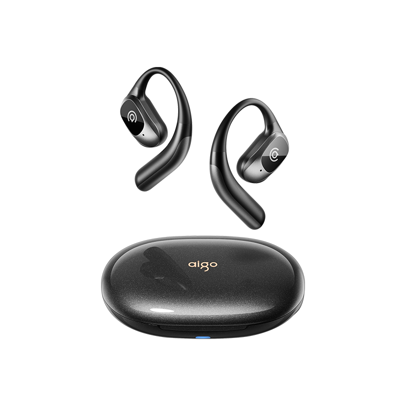 Aigo Bluetooth Headphones with Bone Conduction, Ear-Hook Design, IP68 Dust And Water Resistant, Open-Ear Wireless Sports Headphones with Noise Reduction for Calls GS20 Black