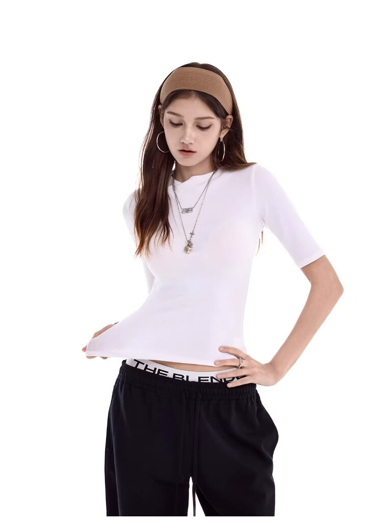 ICH MODE Women's Slim Fit Five-Point Sleeve Mid-Sleeve T-Shirt Summer Base Short Sleeve Sports Shoulder Top White S 16