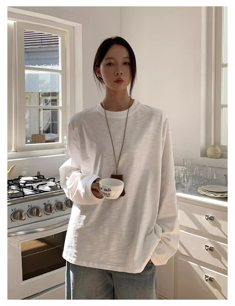 ICH MODE "Versatile King" Bamboo Cotton White Long Sleeve T-Shirt Women Loose Pullover Solid Color Base Shirt White XL 6