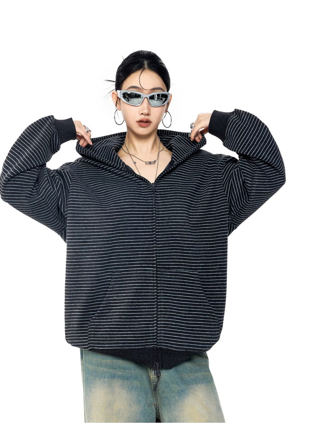 ICH MODE Celebrity Style Striped Hoodie Cardigan Sweatshirt for Women Spring Autumn New Sports Jacket Black M 43