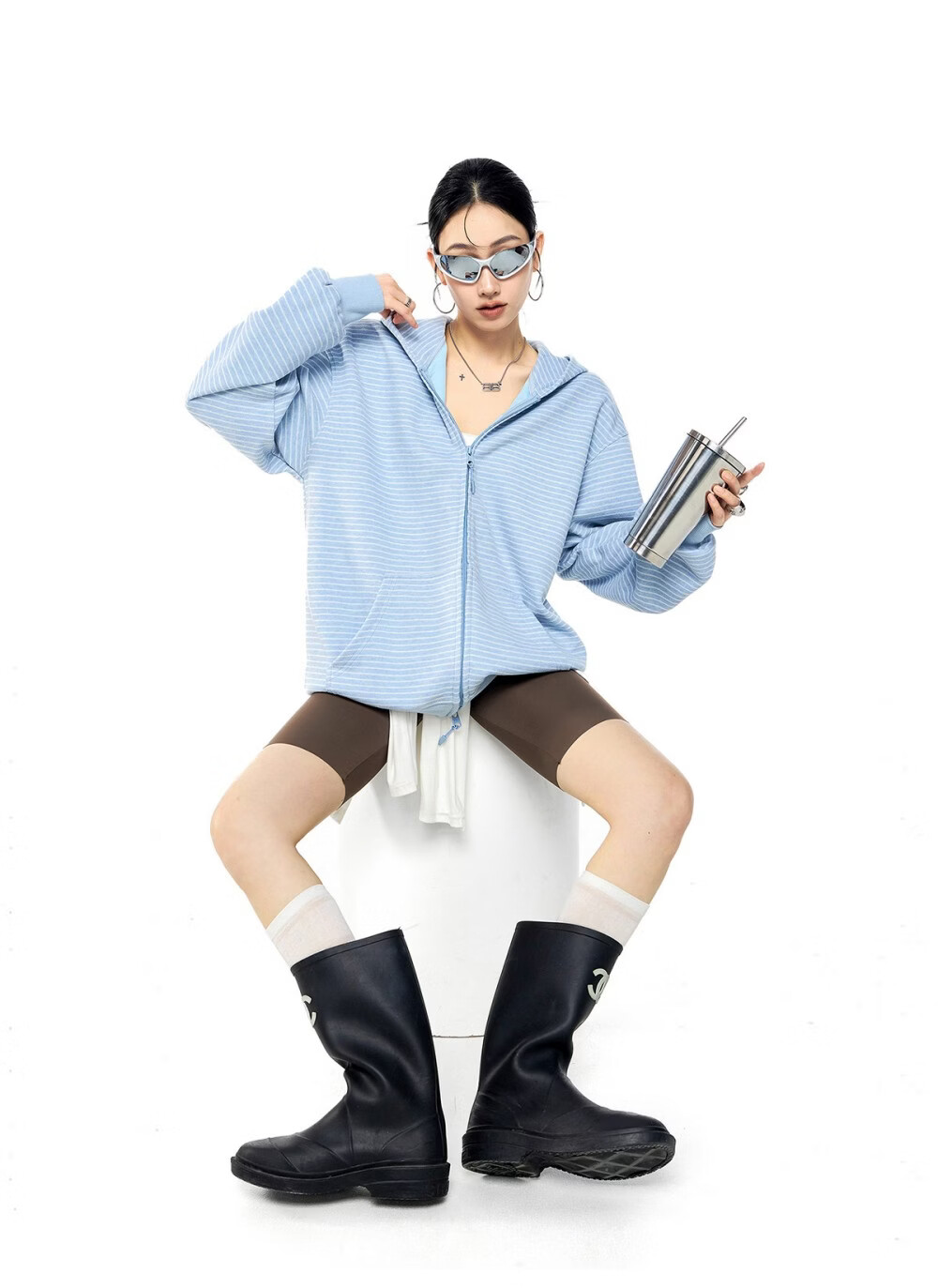 ICH MODE Celebrity Style Striped Hoodie Cardigan Sweatshirt for Women Spring Autumn New Sports Jacket Black M 6
