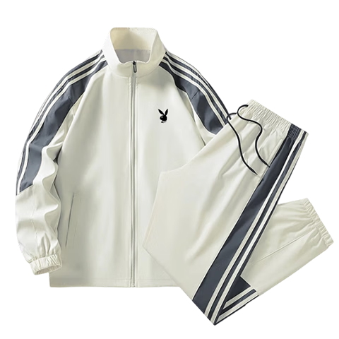 PLAYBOY Men's Spring and Autumn Stand Collar Versatile Cardigan Jacket and Pants Sports Casual Two-Piece Set Black XL