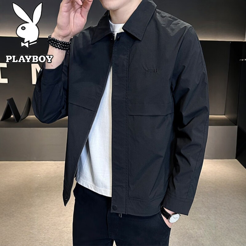 PLAYBOY Men's Spring Autumn Jacket Casual Outdoor Windproof Lapel Coat Black L
