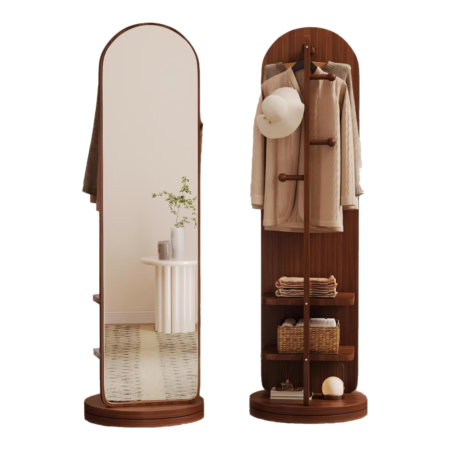 Xiaojiangcai Full-Length Rotating Dressing Mirror with Coat Rack, Movable Bedroom Wardrobe Mirror, 170cm Walnut