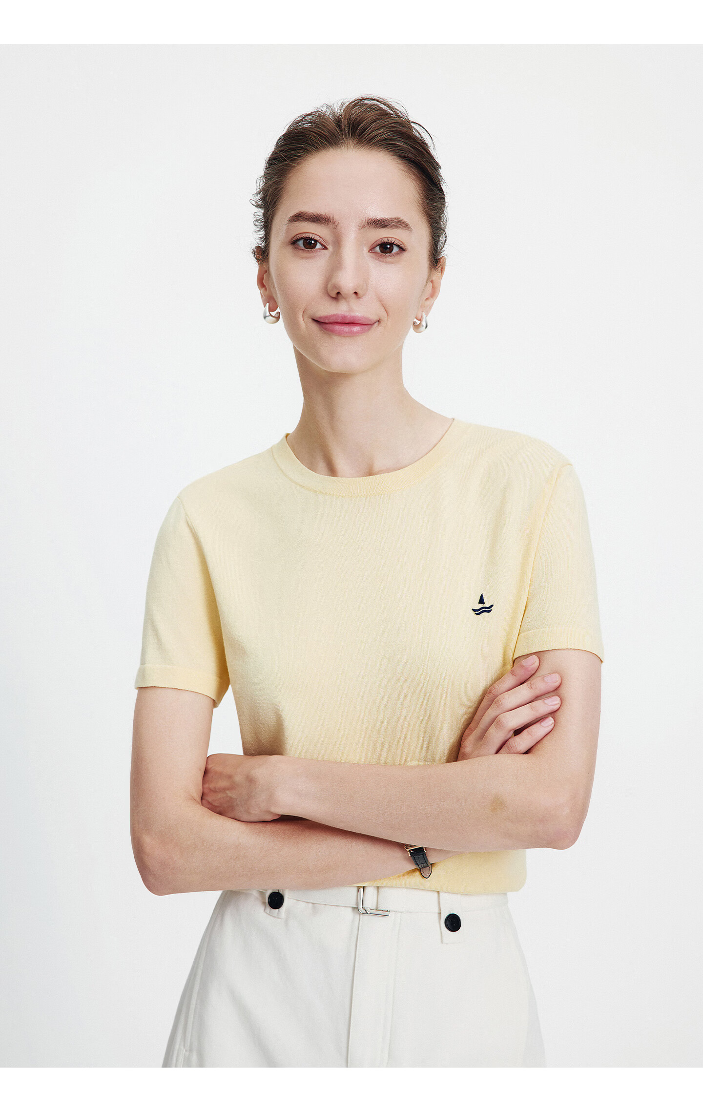 Navigare Small Sailboat Basic Short Sleeve T-Shirt Women 2026 New Round Neck Solid Color Knit Top 2325506507 42