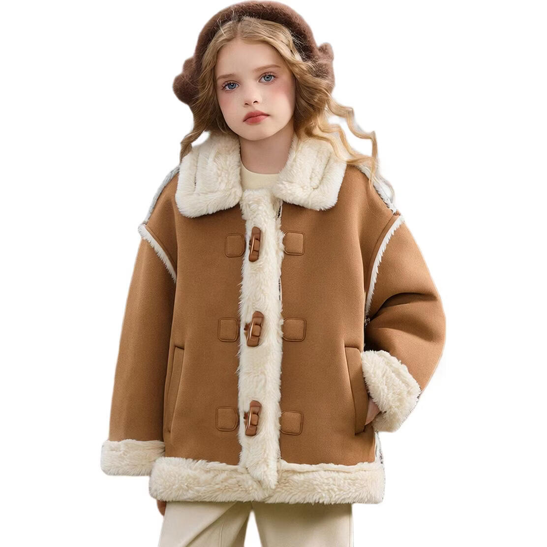 ASK JUNIOR Kids' Coat 2025 Autumn Toddler Horn Button Plush Coat Girls' Lapel Sweet Cute New Year Top