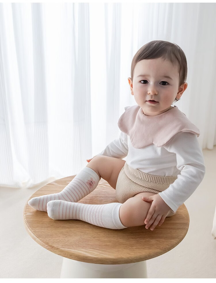 Five Cotton 3-Pair Pack Baby Socks Spring Summer Striped Combed Cotton Calf Socks Class A Seamless Soft Cuff Non-Binding Mid-Calf Baby Socks 8