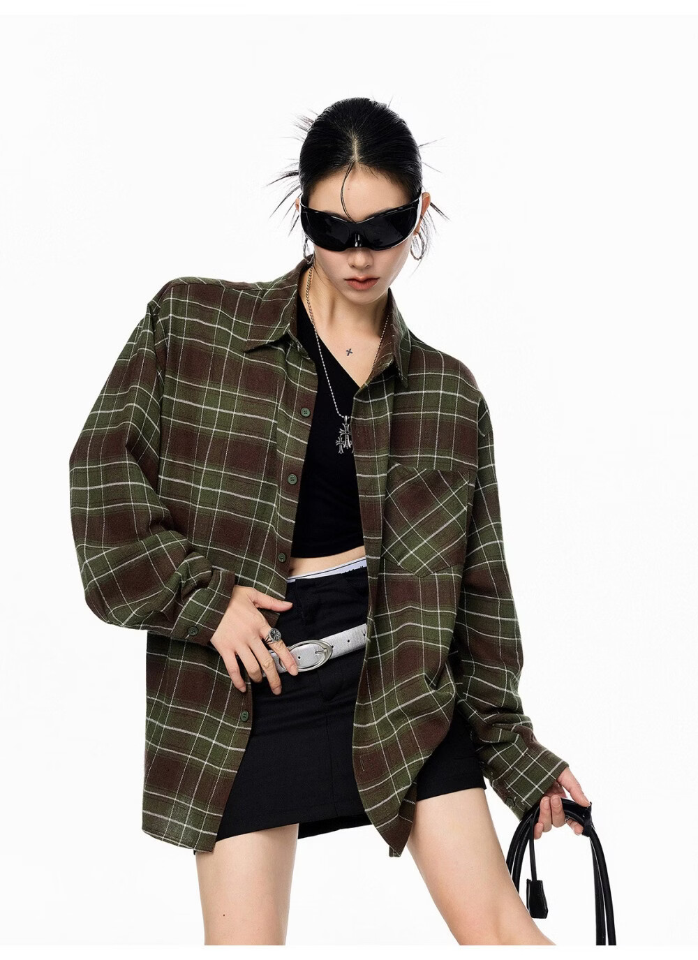 ICH MODE Women's American Style Blue Plaid Shirt Spring New Loose Casual Long Sleeve Shirt Jacket Top Blue L 2