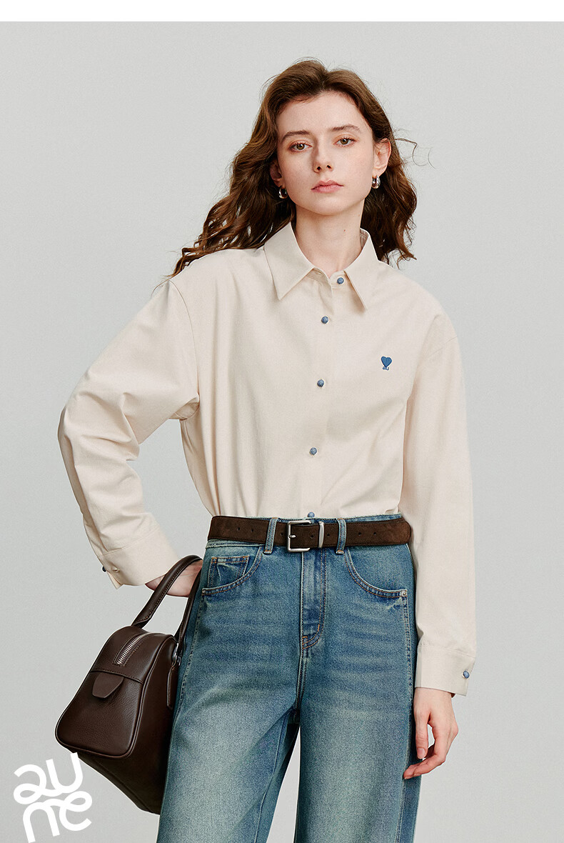 Chuyua Heart Embroidery Shirt Women 2025 Autumn New Simple Versatile Solid Color Pure Cotton Blouse White L 26