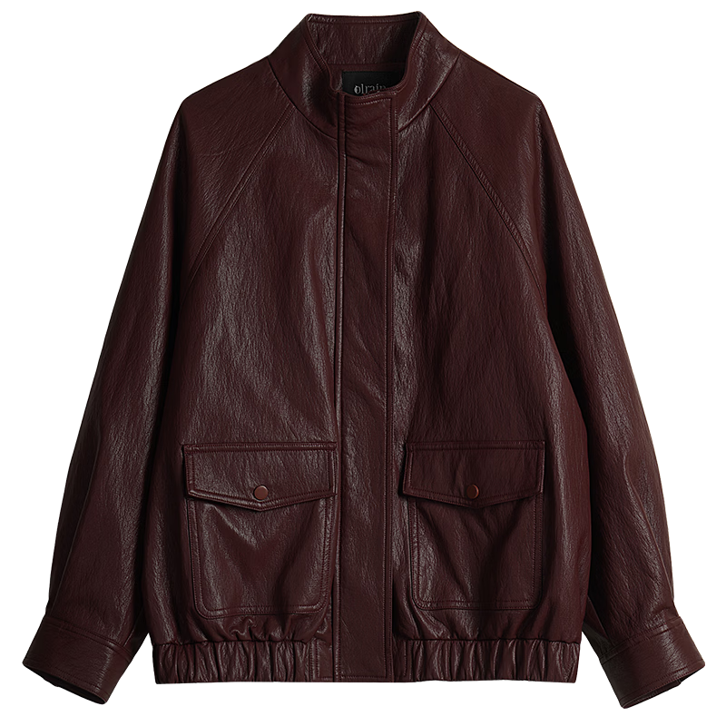 Olrain Eurier Vintage Stand Collar Leather Short Jacket Women's Spring New Loose Fit Burgundy S