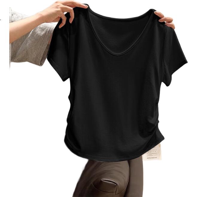 TUCANO Wide-Shoulder Loose Short-Sleeve T-Shirt for Women, Summer New Style Hot Girl V-Neck Pleated Waist-Cinching Short Top, Cream Yellow, M